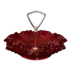Fenton Ruby Red Crimped Edge Hobnail Glass Silver Tone Handle Candy Server VTG